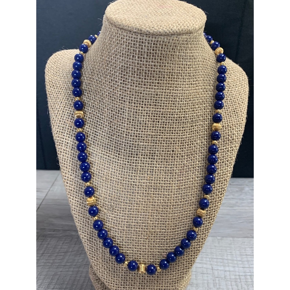 Lapis Lazuli Beaded Necklace Gold Tone Accents 18 Inch Barrel Clasp Blue Stone